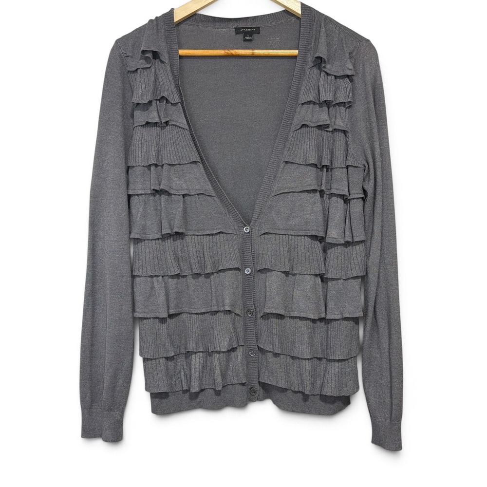 Ann Taylor Gray Ruffle Front V-Neck Button Down Cardigan Sweater Large